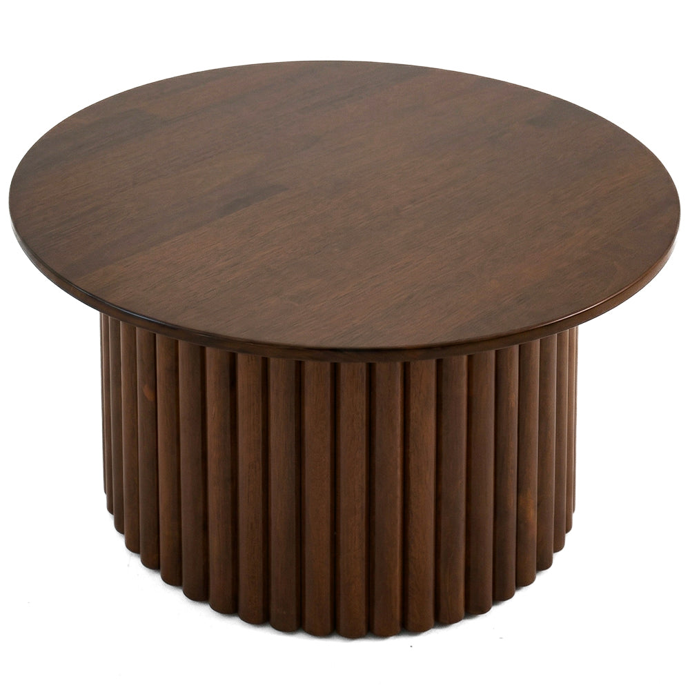 Ariel Solid Wood Round Coffee Table with Ribbed Pedestal Base – Walnut Finish | MidinMod