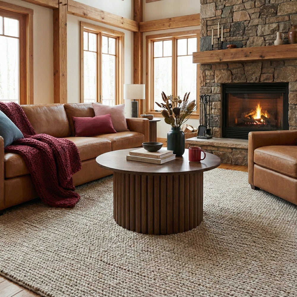 Ariel Solid Wood Round Coffee Table with Ribbed Pedestal Base – Walnut Finish | MidinMod