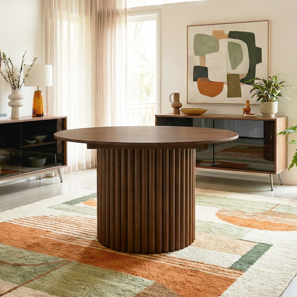 Ariel Round Solid Wood Dining Table with Ribbed Pedestal Base | MidinMod