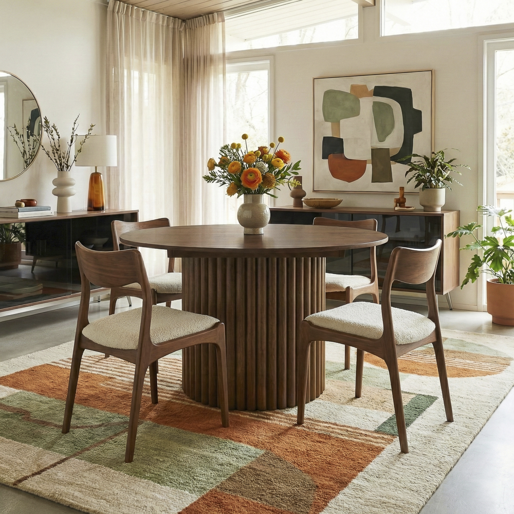 Ariel Round Solid Wood Dining Table with Ribbed Pedestal Base | MidinMod