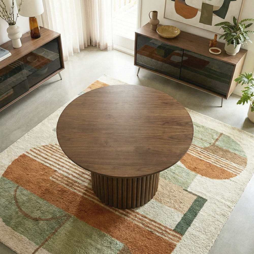 Ariel Round Solid Wood Dining Table with Ribbed Pedestal Base | MidinMod