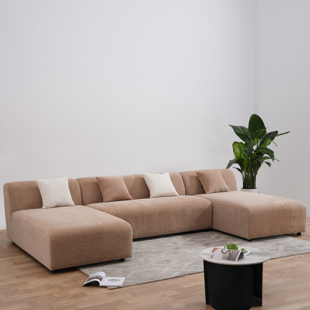 Aura U-Shape Peach Chenille Corner Sofa - MidinMod