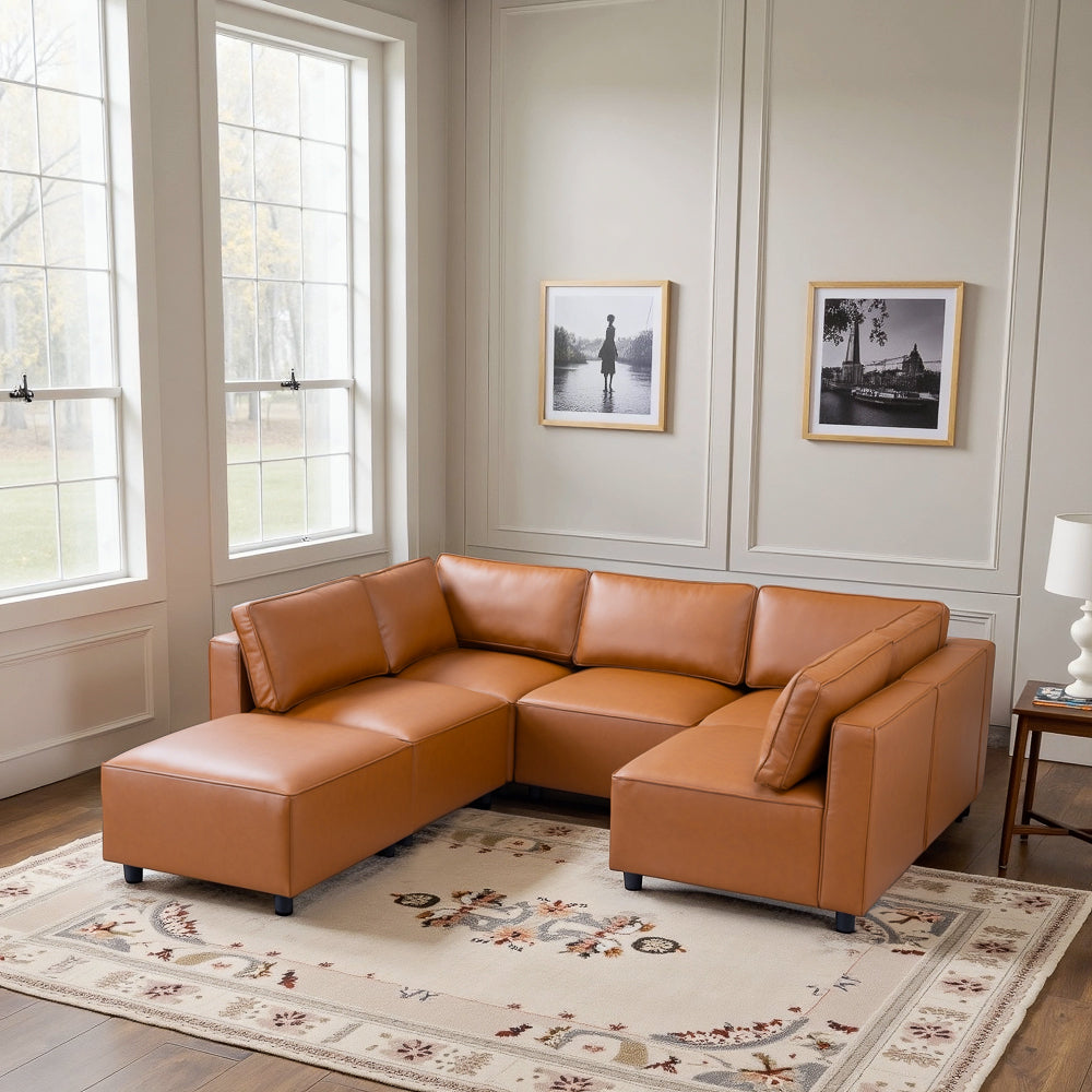Avery Cognac Vegan Leather Modular Sofa - MidinMod