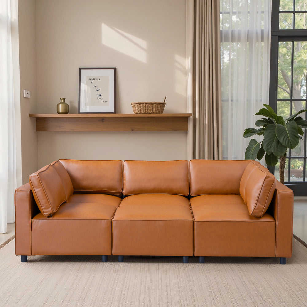 Avery Cognac Vegan Leather Modular Sofa - MidinMod