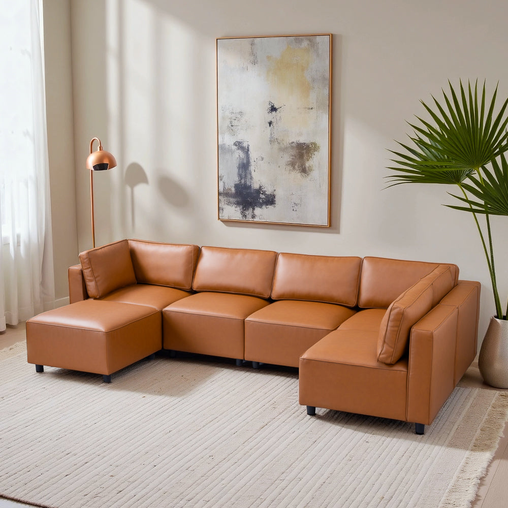 Avery Cognac Vegan Leather Modular Sofa - MidinMod