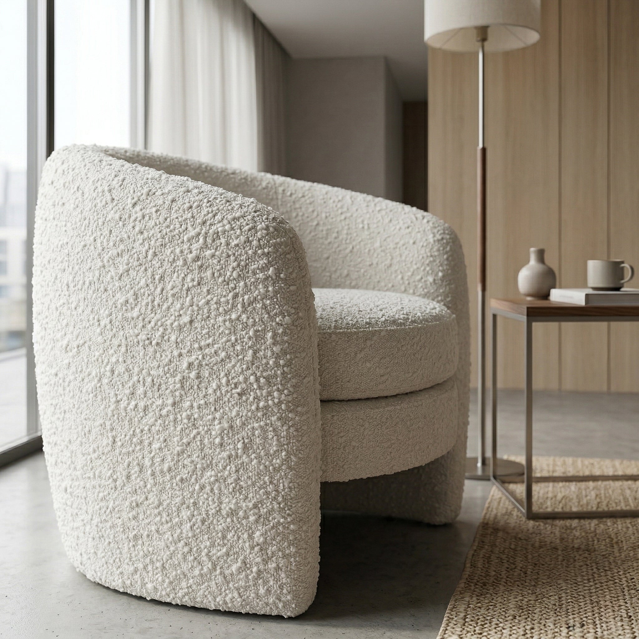 Axis White Boucle Lounge Chair | Contemporary Minimalist Teddy Fabric | MidinMod