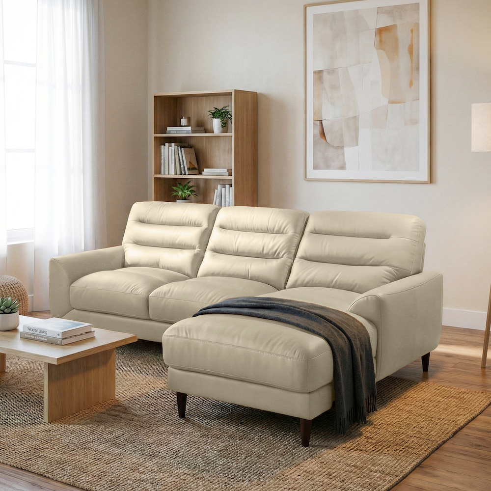 Barton Cream Leather Right-Facing Sectional Sofa with Extended Chaise | MidinMod