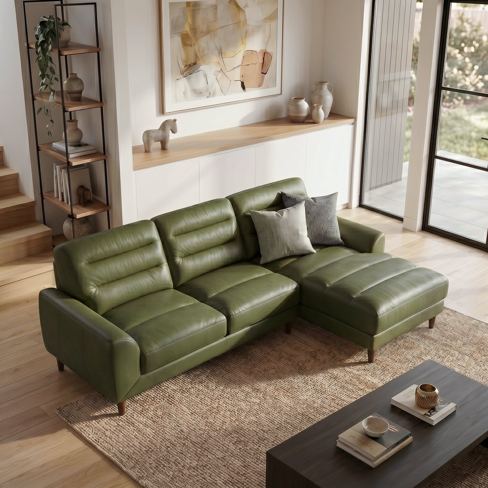 Barton Green Leather Right-Facing Sectional Sofa with Extended Chaise | MidinMod
