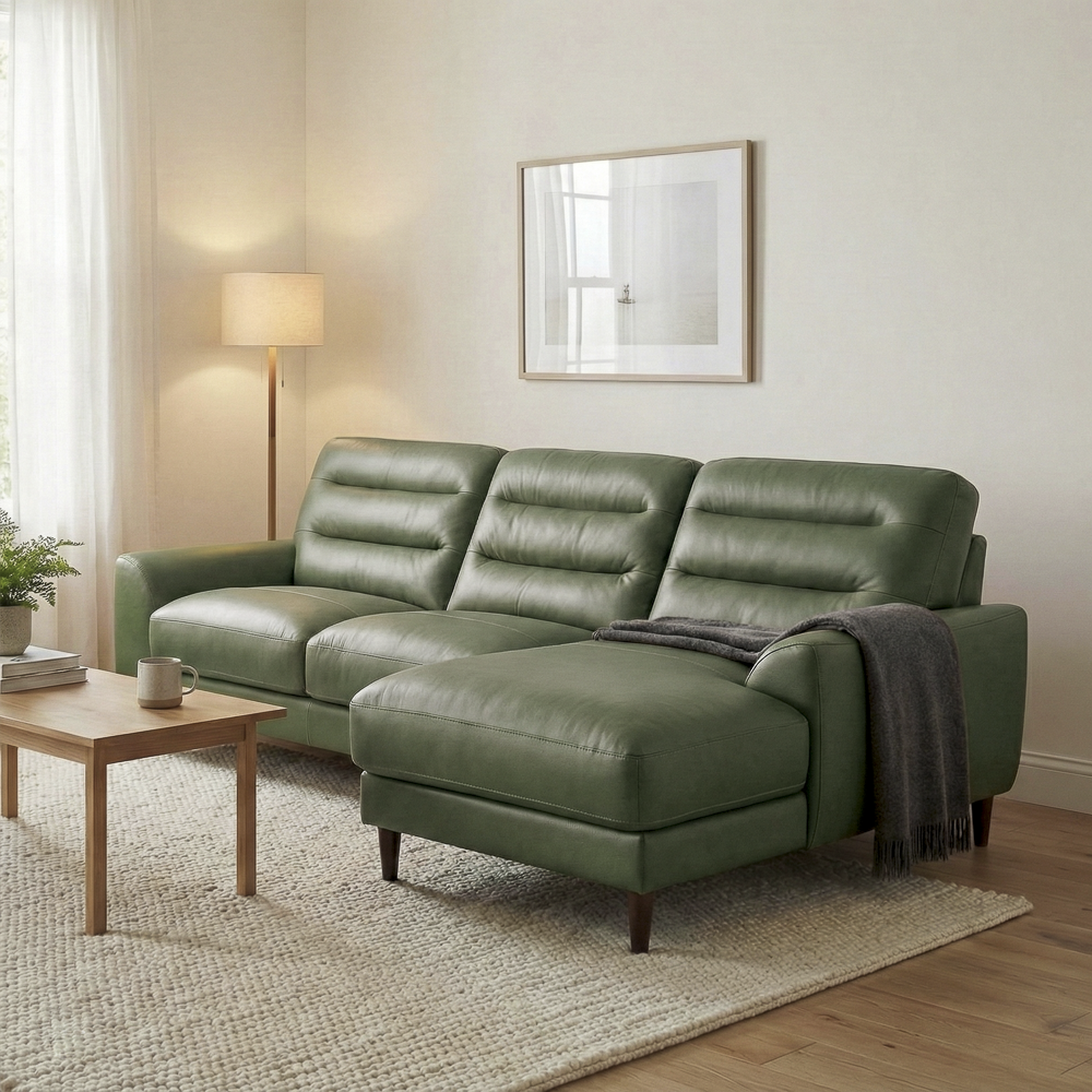 Barton Green Leather Right-Facing Sectional Sofa with Extended Chaise | MidinMod