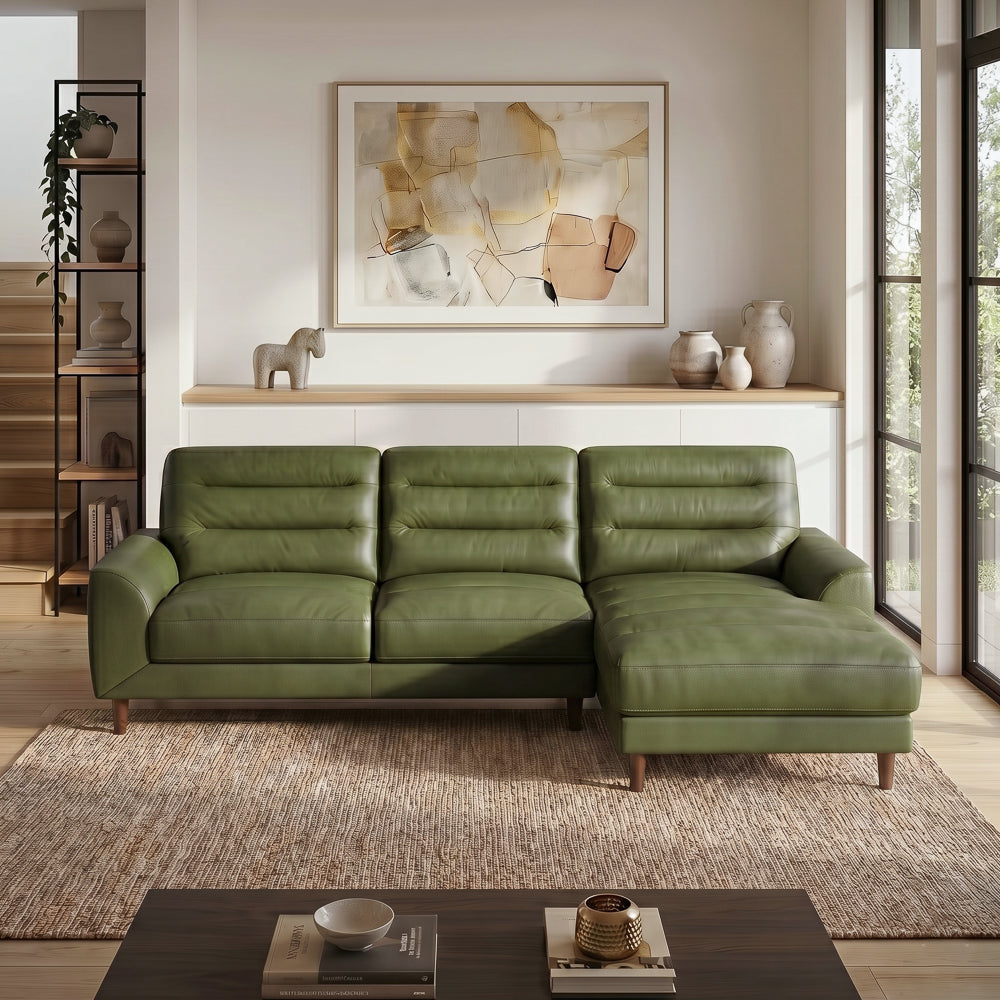 Barton Green Leather Right-Facing Sectional Sofa with Extended Chaise | MidinMod