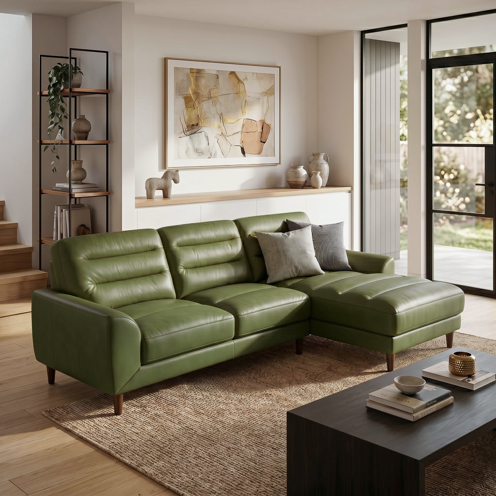 Barton Green Leather Right-Facing Sectional Sofa with Extended Chaise | MidinMod
