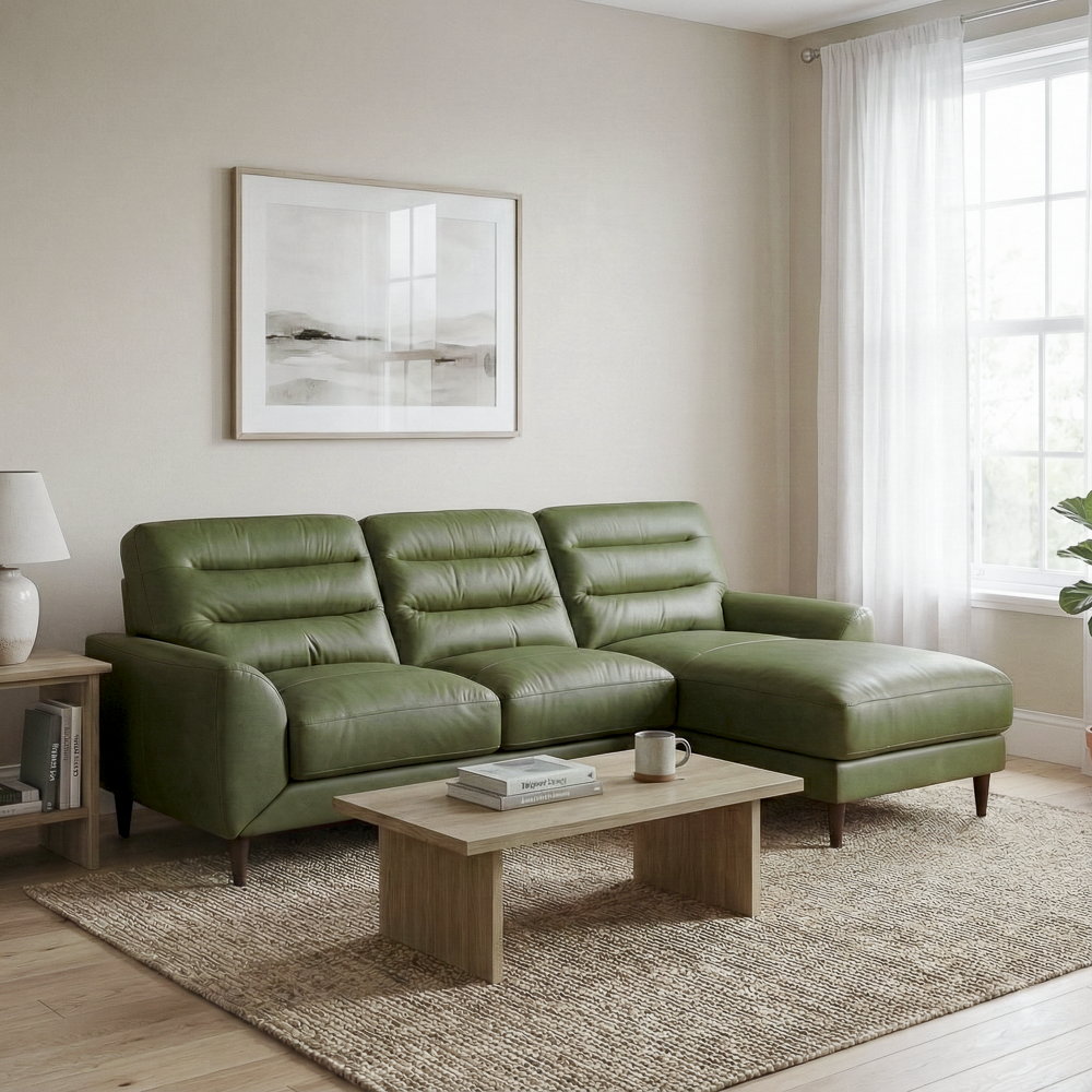 Barton Green Leather Right-Facing Sectional Sofa with Extended Chaise | MidinMod
