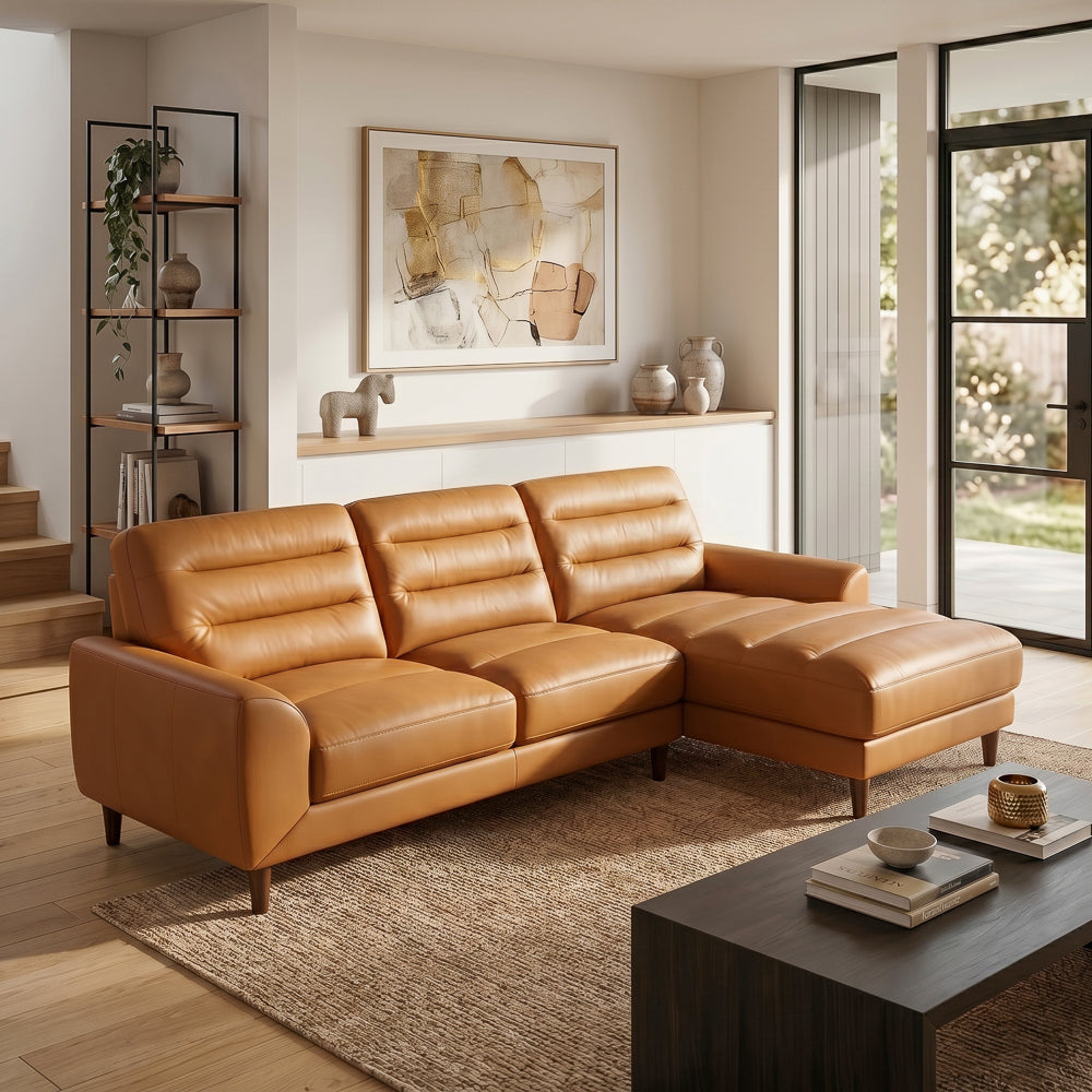 Barton Tan Leather Right-Facing Sectional Sofa with Extended Chaise | MidinMod
