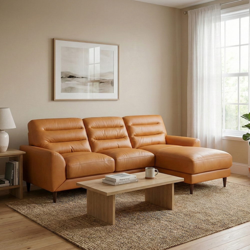 Barton Tan Leather Right-Facing Sectional Sofa with Extended Chaise | MidinMod