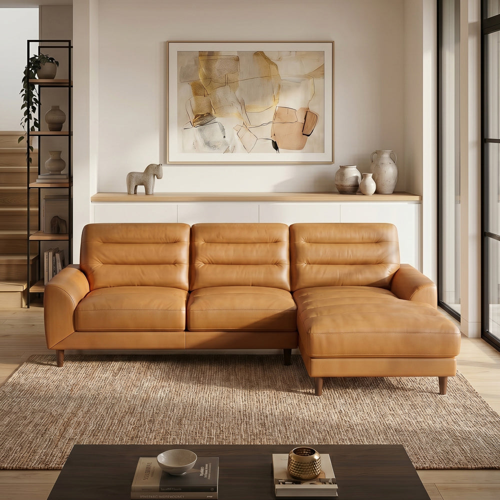 Barton Tan Leather Right-Facing Sectional Sofa with Extended Chaise | MidinMod