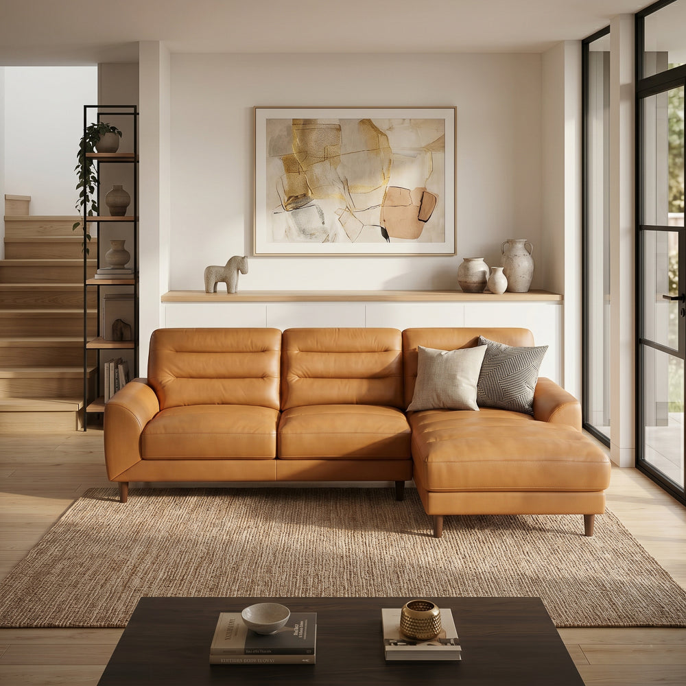 Barton Tan Leather Right-Facing Sectional Sofa with Extended Chaise | MidinMod