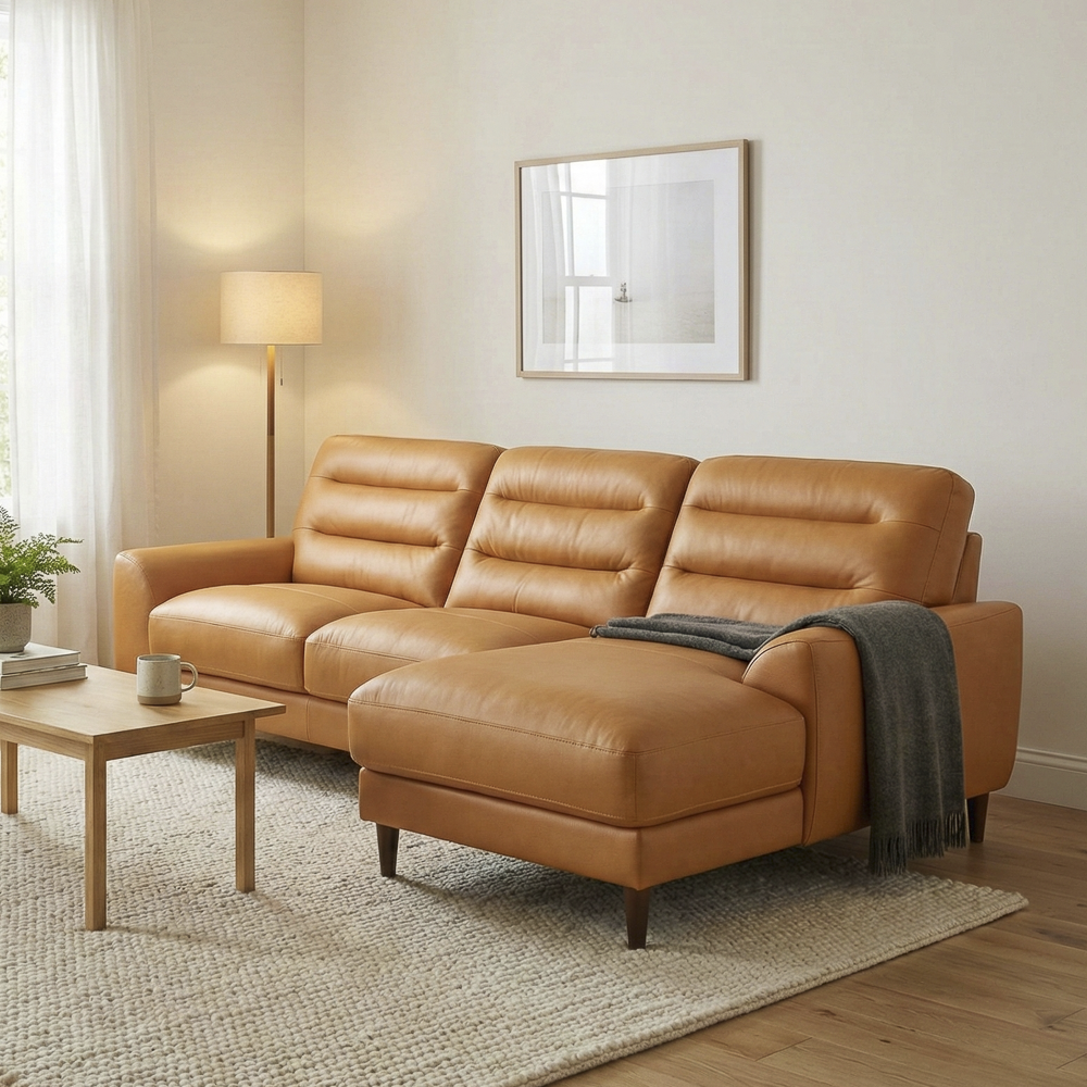 Barton Tan Leather Right-Facing Sectional Sofa with Extended Chaise | MidinMod