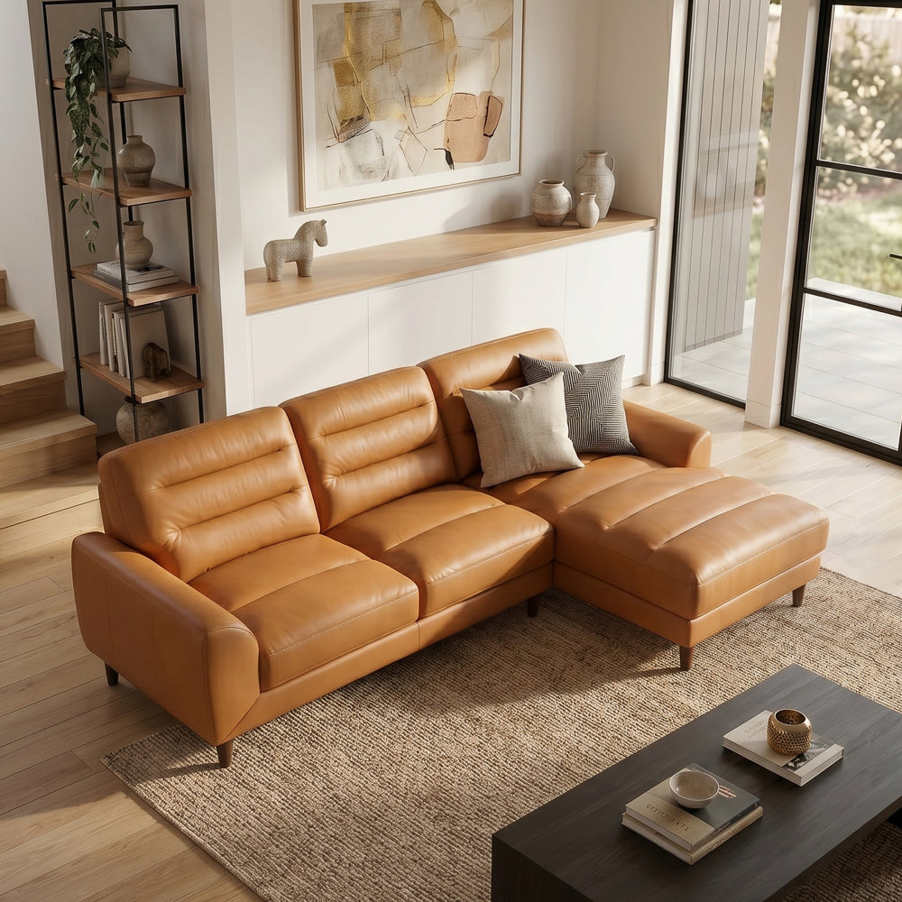 Barton Tan Leather Right-Facing Sectional Sofa with Extended Chaise | MidinMod