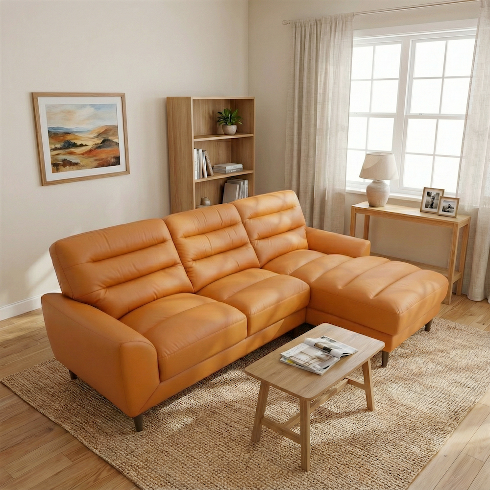 Barton Tan Leather Right-Facing Sectional Sofa with Extended Chaise | MidinMod
