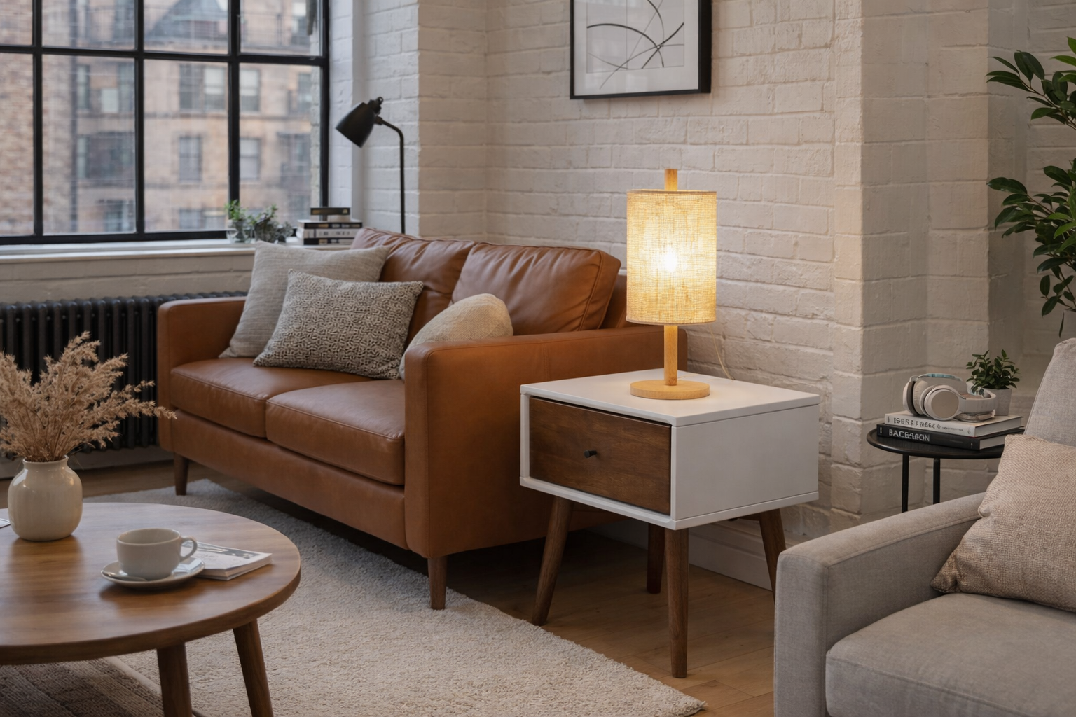 Beam Table Lamp | Oak-Colored Base & Paper Rattan Weave Shade | MidinMod