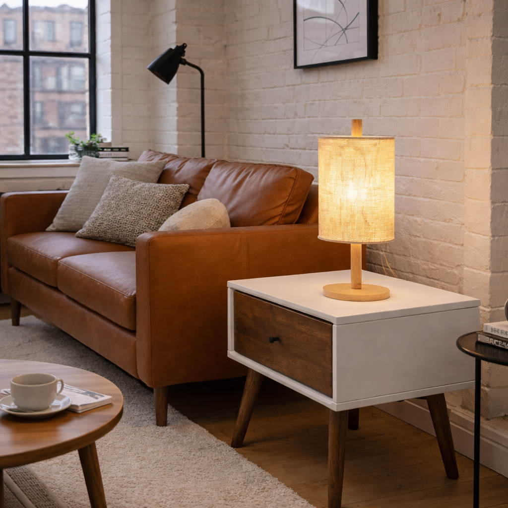 Beam Table Lamp | Oak-Colored Base & Paper Rattan Weave Shade | MidinMod