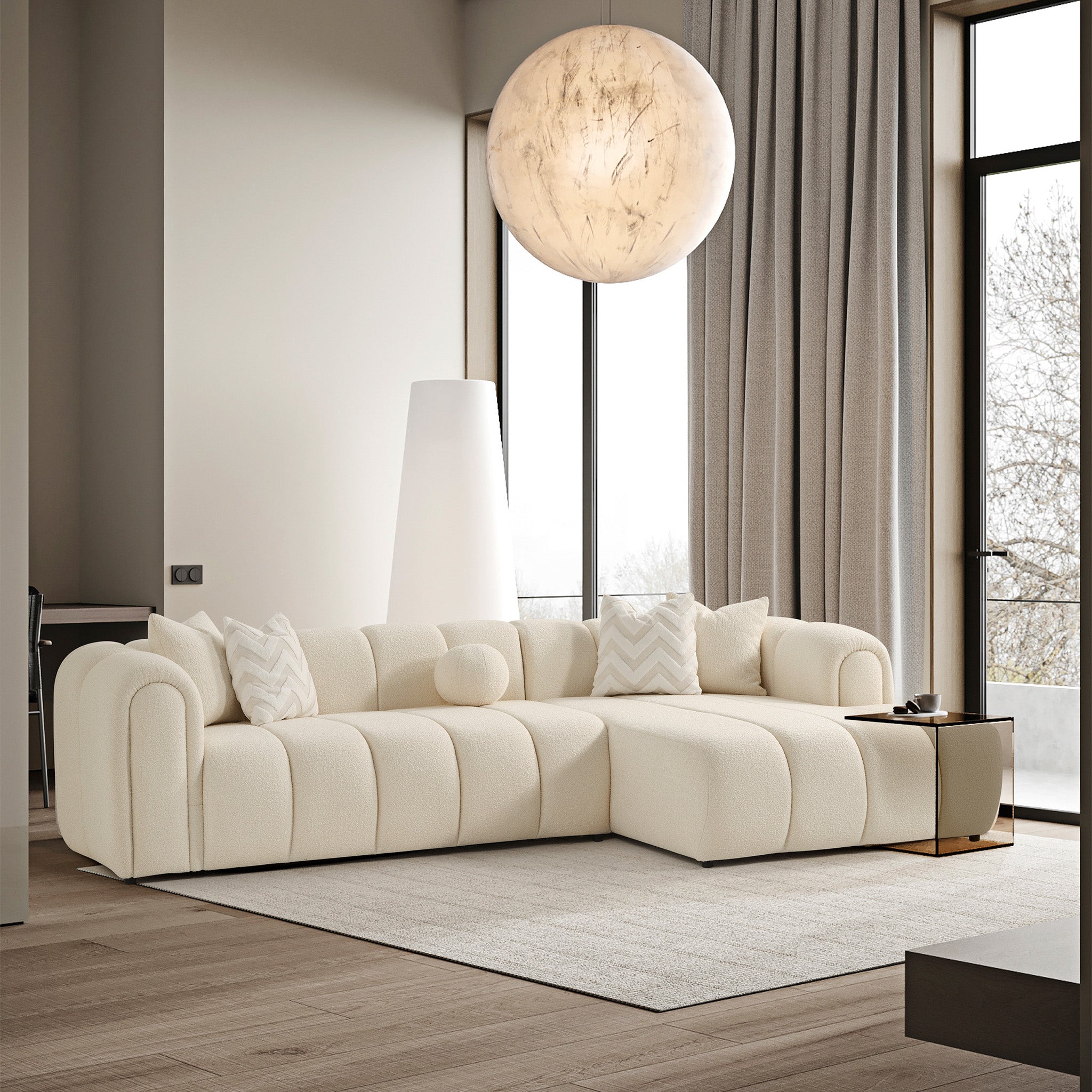 Bella Ivory Boucle Right Sectional Sofa - MidinMod
