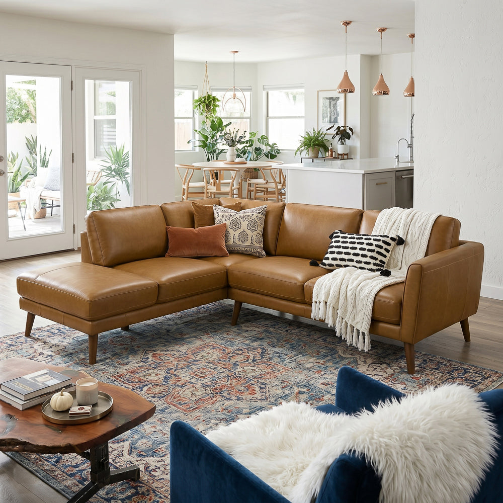 Bexley Genuine Leather L-Shaped Pillow Back Sectional Sofa | MidinMod
