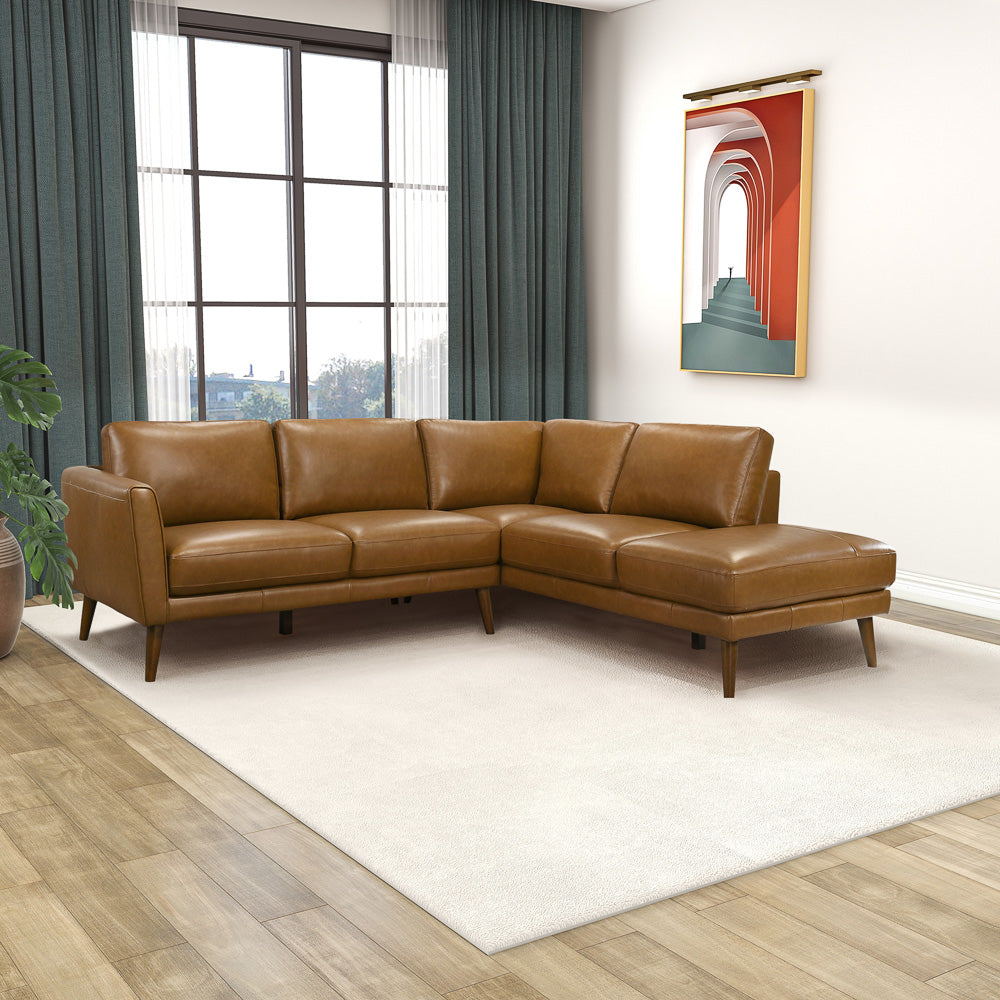 Bexley Tan Leather Sectional Sofa Right Facing Chaise - MidinMod