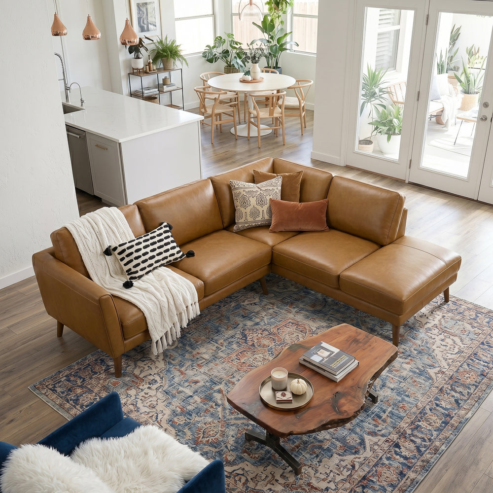 Bexley Genuine Leather L-Shaped Pillow Back Sectional Sofa | MidinMod