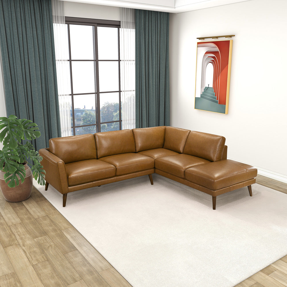Bexley Tan Leather Sectional Sofa Right Facing Chaise - MidinMod