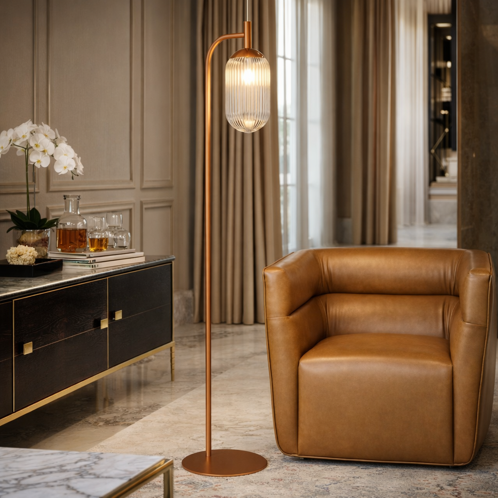 Blaze Arched Floor Lamp in Bronze with Clear Ribbed Glass Shade | MidinMod