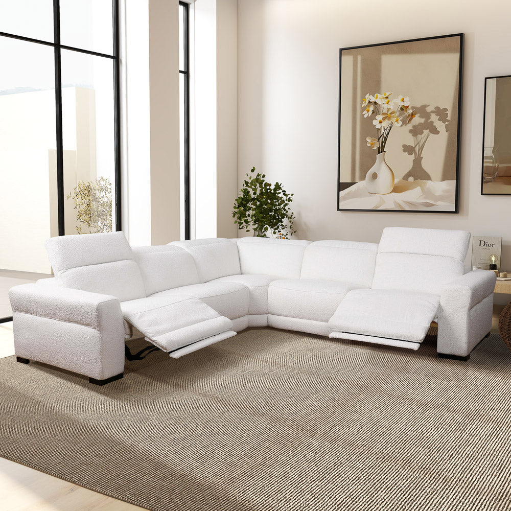 Bloomington Power Reclining White Boucle Corner Sectional Sofa - MidinMod