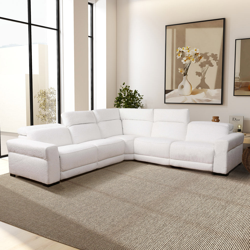 Bloomington Power Reclining White Boucle Corner Sectional Sofa - MidinMod
