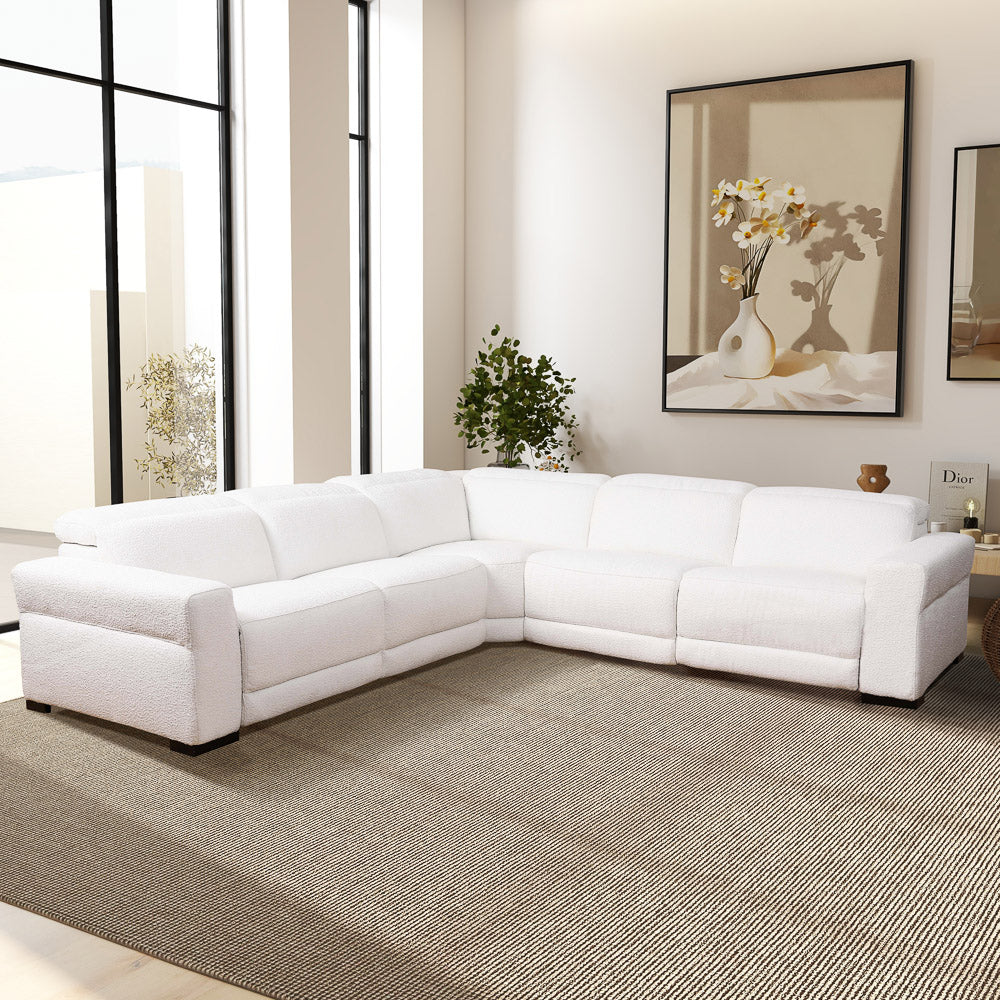 Bloomington Power Reclining White Boucle Corner Sectional Sofa - MidinMod