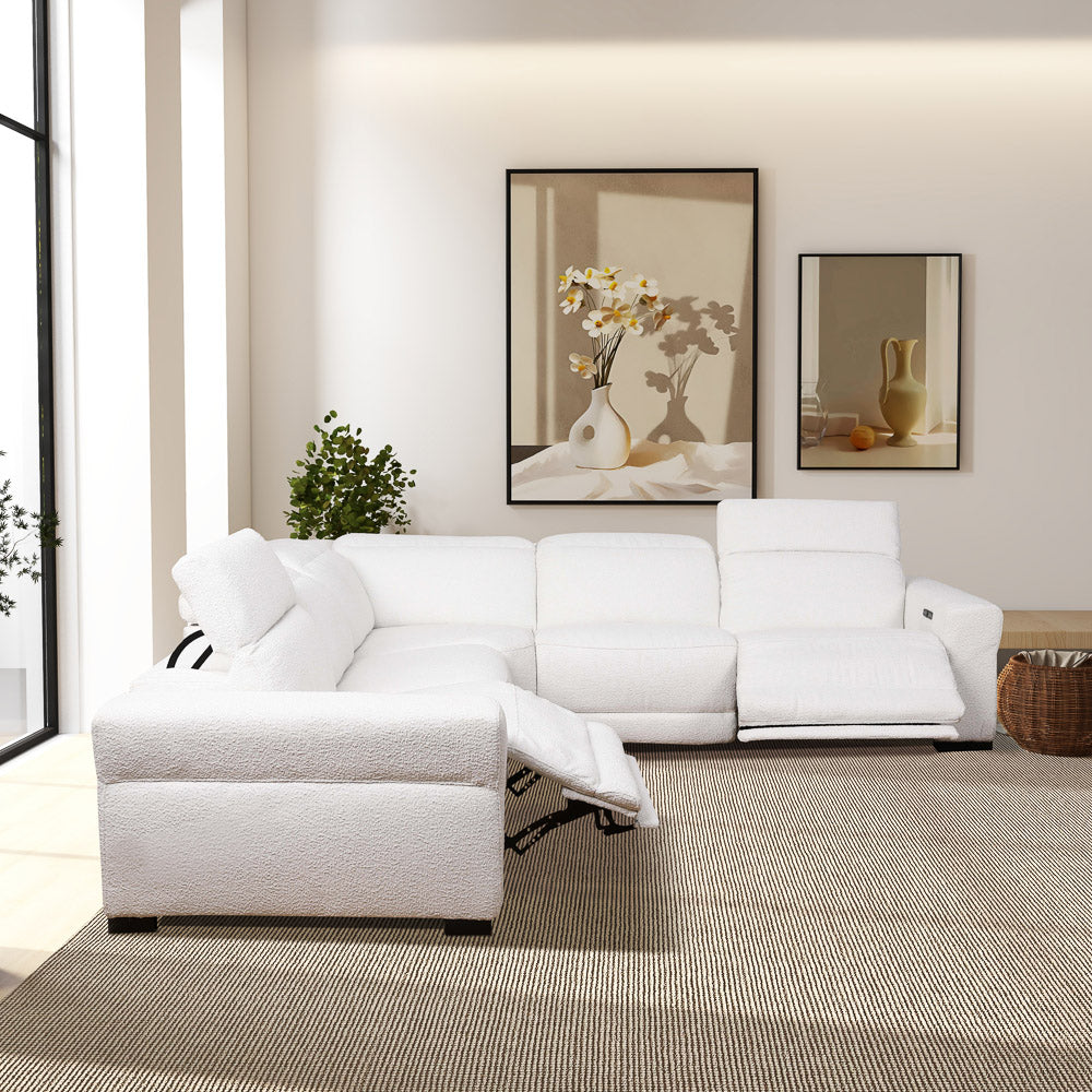 Bloomington Power Reclining White Boucle Corner Sectional Sofa - MidinMod