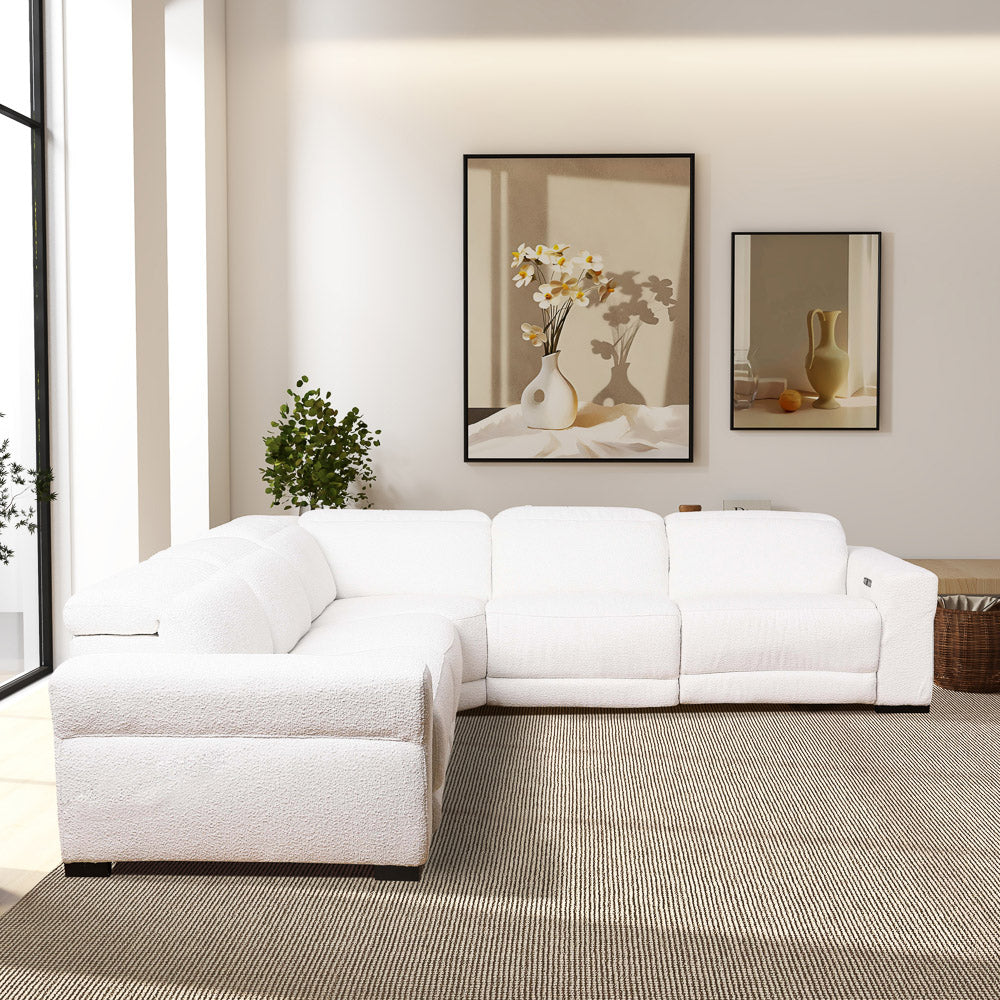 Bloomington Power Reclining White Boucle Corner Sectional Sofa - MidinMod
