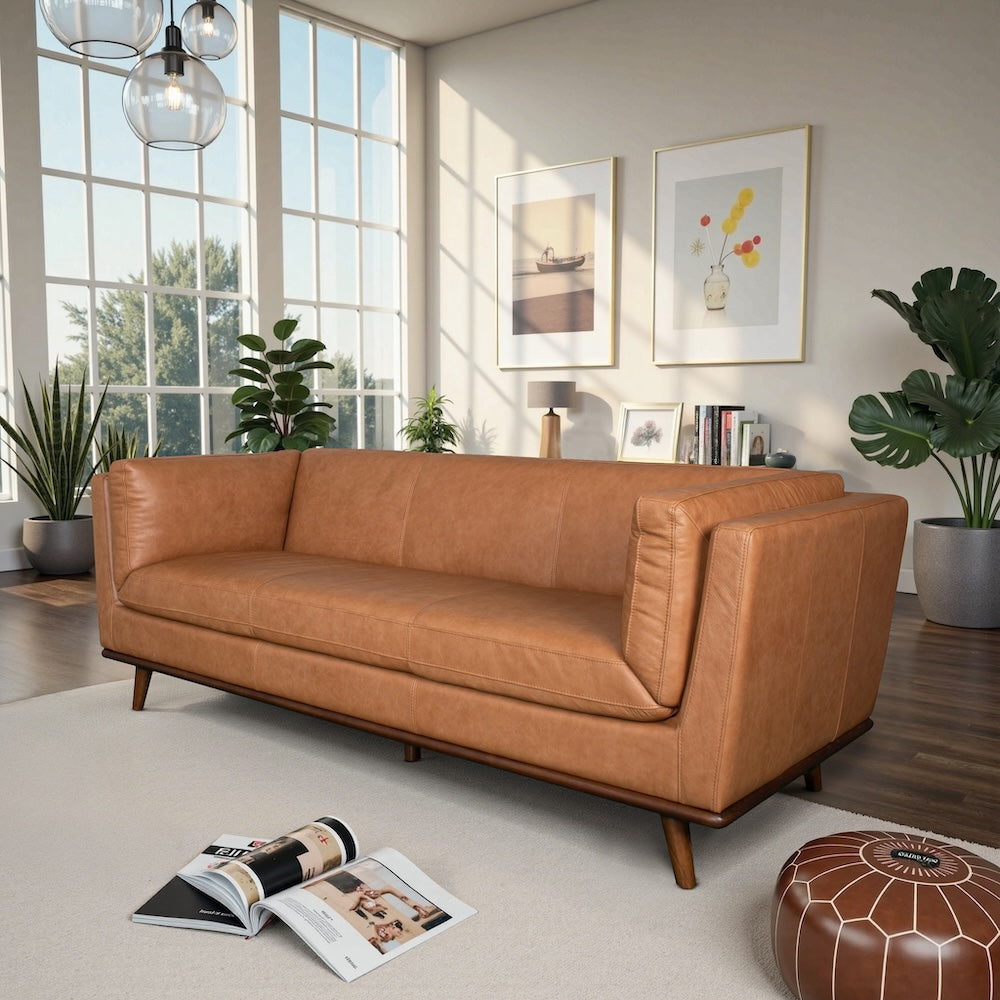 Brooklyn Mid-Century Modern Cognac Genuine Leather Sofa - MidinMod