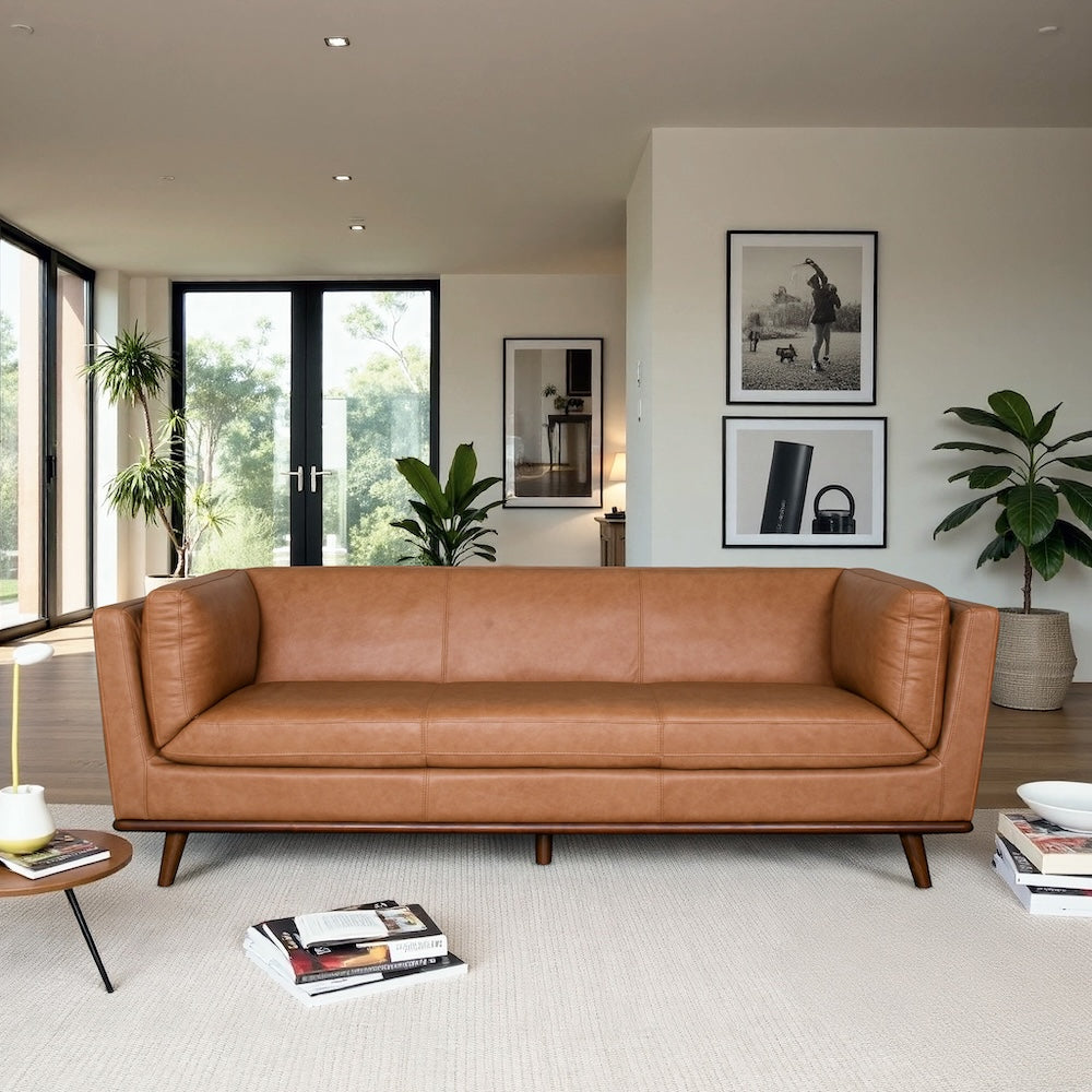 Brooklyn Mid-Century Modern Cognac Genuine Leather Sofa - MidinMod
