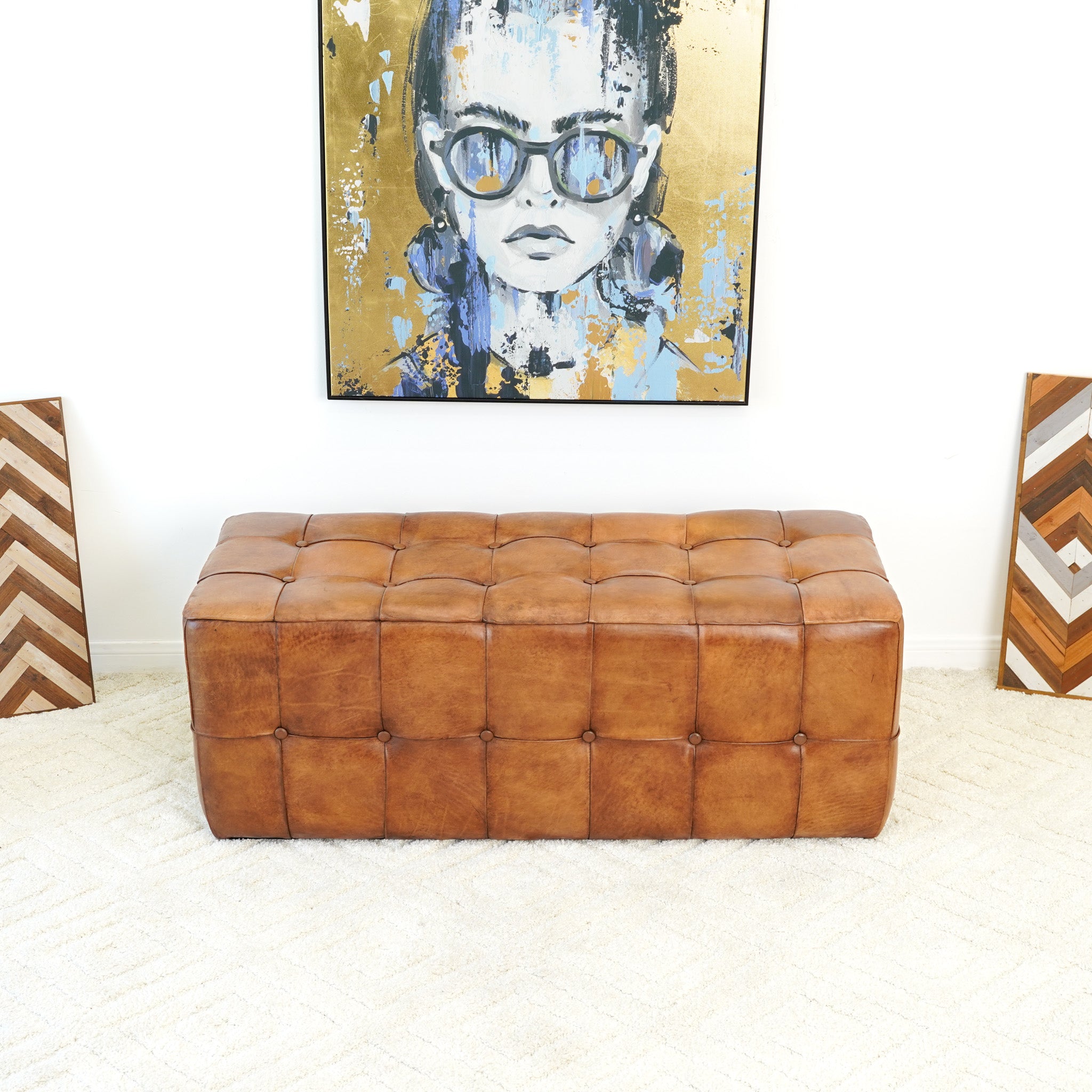 Bunta Genuine Leather Tufted Bench | Mid-Century Modern Tan & Teak Wood Ottoman | MidinMod