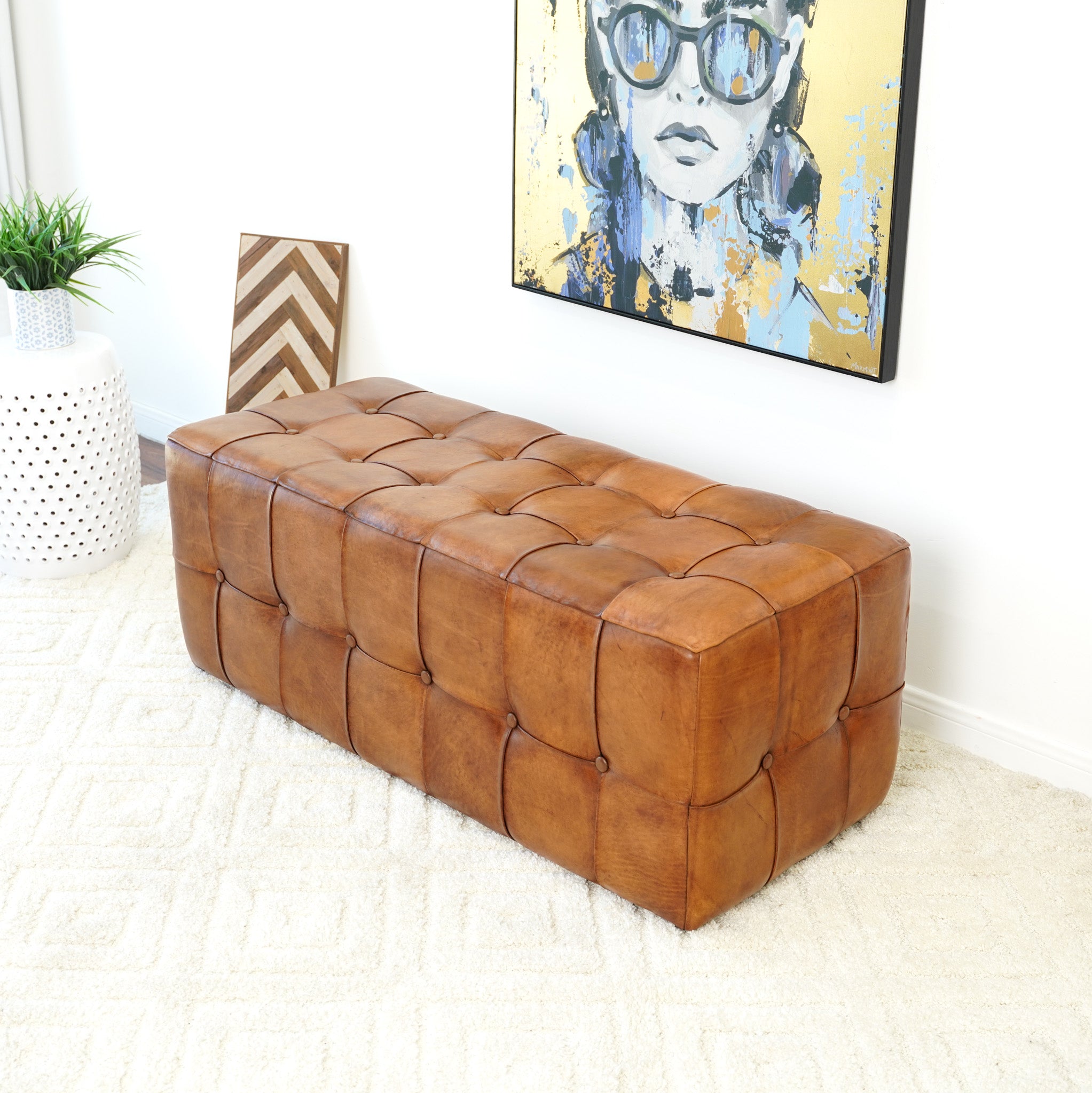 Bunta Genuine Leather Tufted Bench | Mid-Century Modern Tan & Teak Wood Ottoman | MidinMod