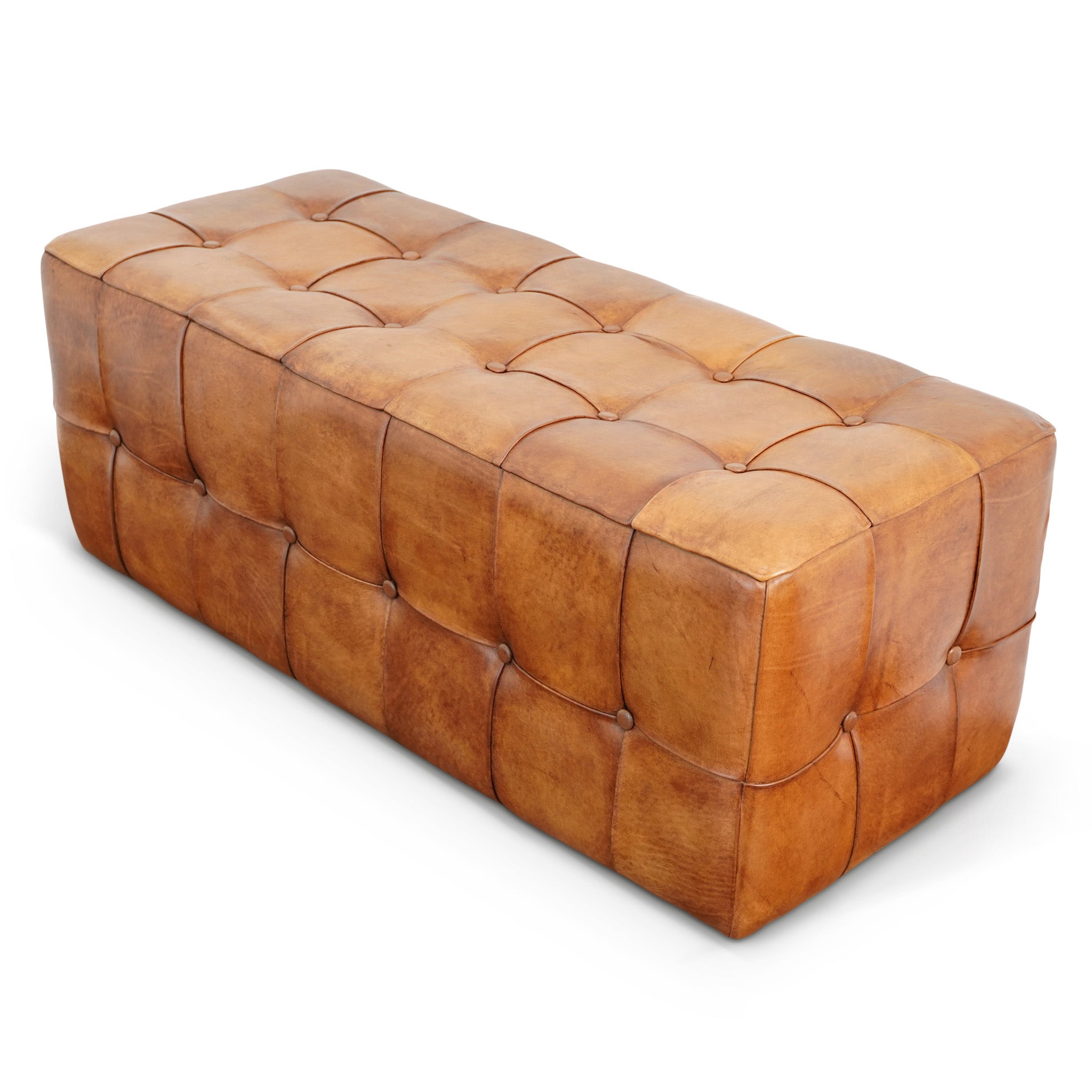 Bunta Genuine Leather Tufted Bench | Mid-Century Modern Tan & Teak Wood Ottoman | MidinMod