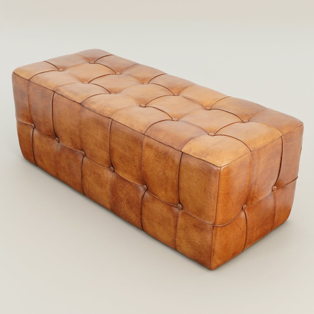 Bunta Genuine Leather Tufted Bench | Mid-Century Modern Tan & Teak Wood Ottoman | MidinMod