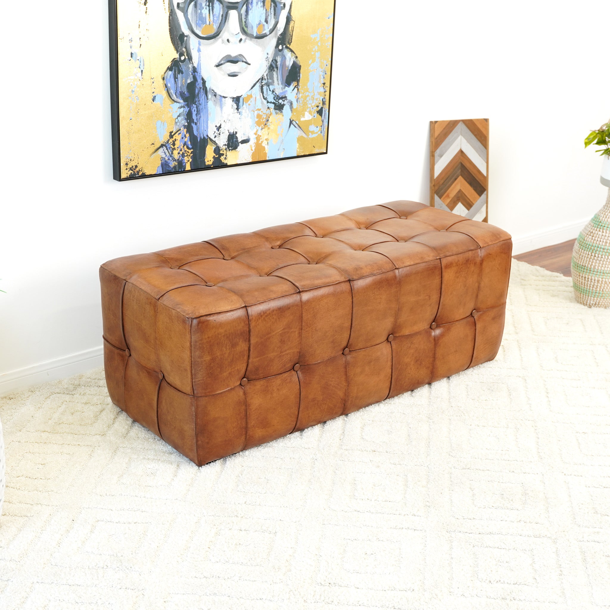 Bunta Genuine Leather Tufted Bench | Mid-Century Modern Tan & Teak Wood Ottoman | MidinMod