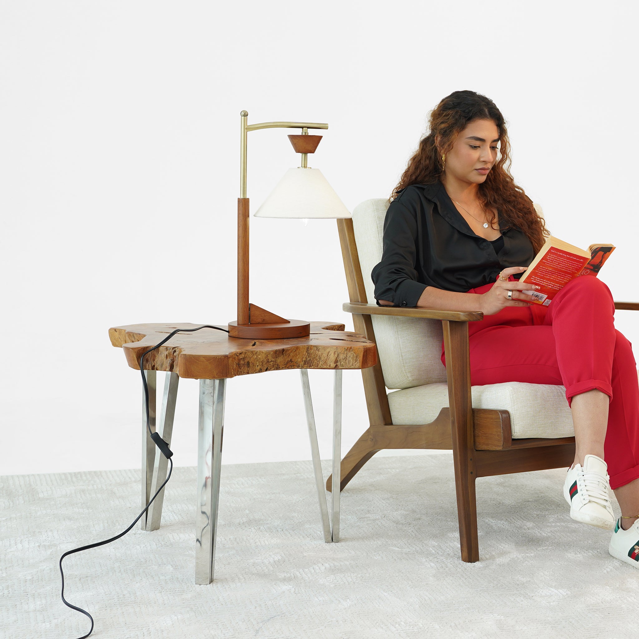 Celestia Table Lamp, Brown Solid Wood Base with Elegant Cone Polyester Shade