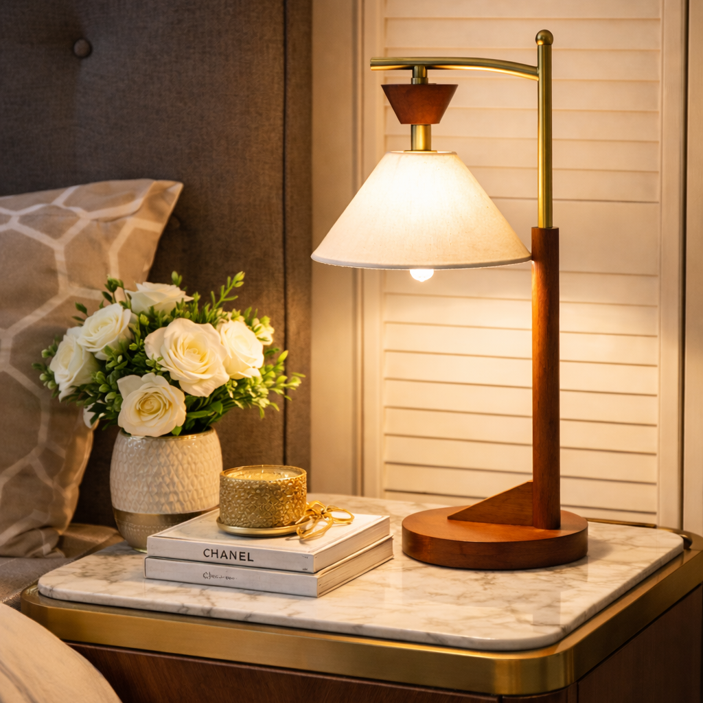 Celestia Table Lamp | Brown Solid Wood & Cone Linen Shade | MidinMod