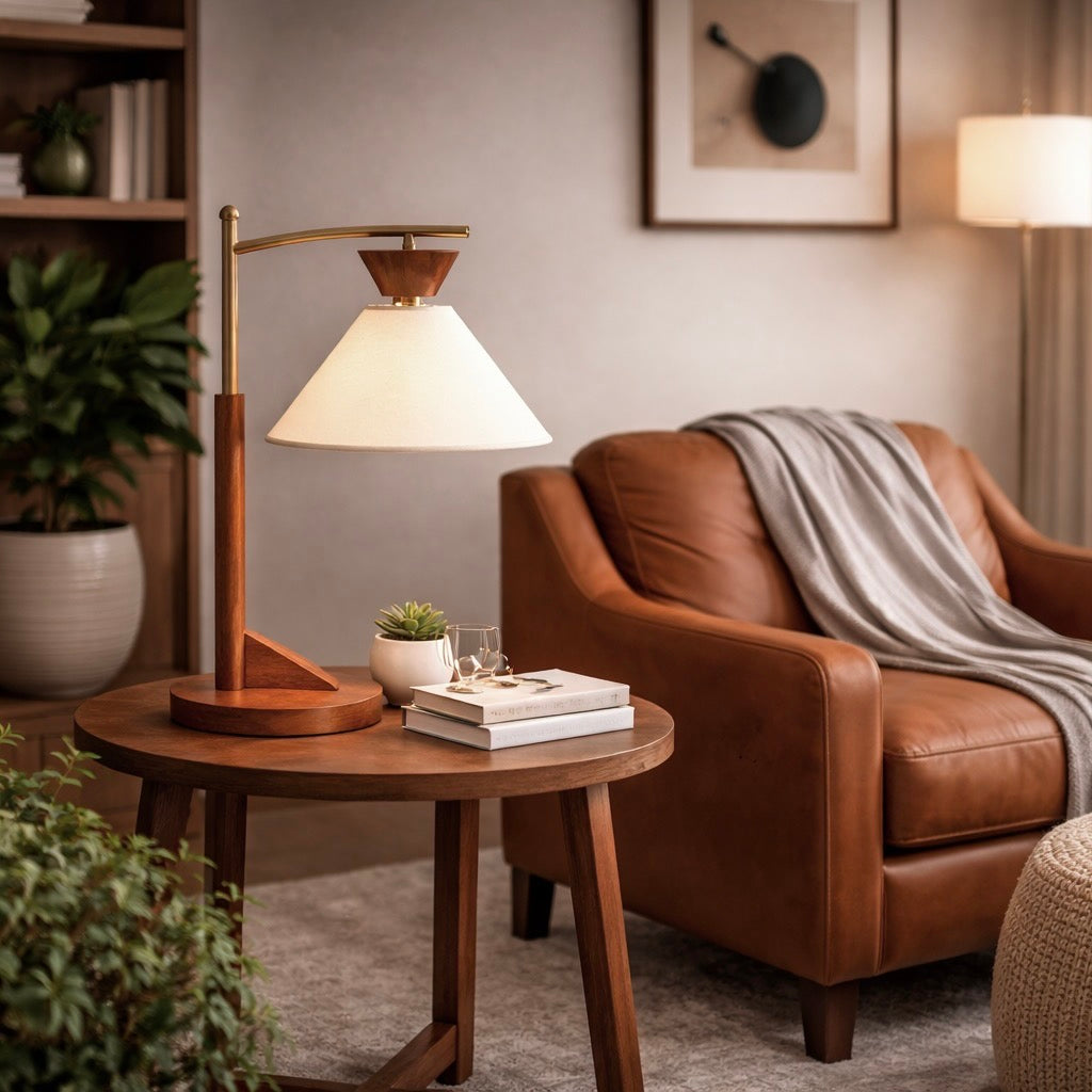 Celestia Table Lamp | Brown Solid Wood & Cone Linen Shade | MidinMod