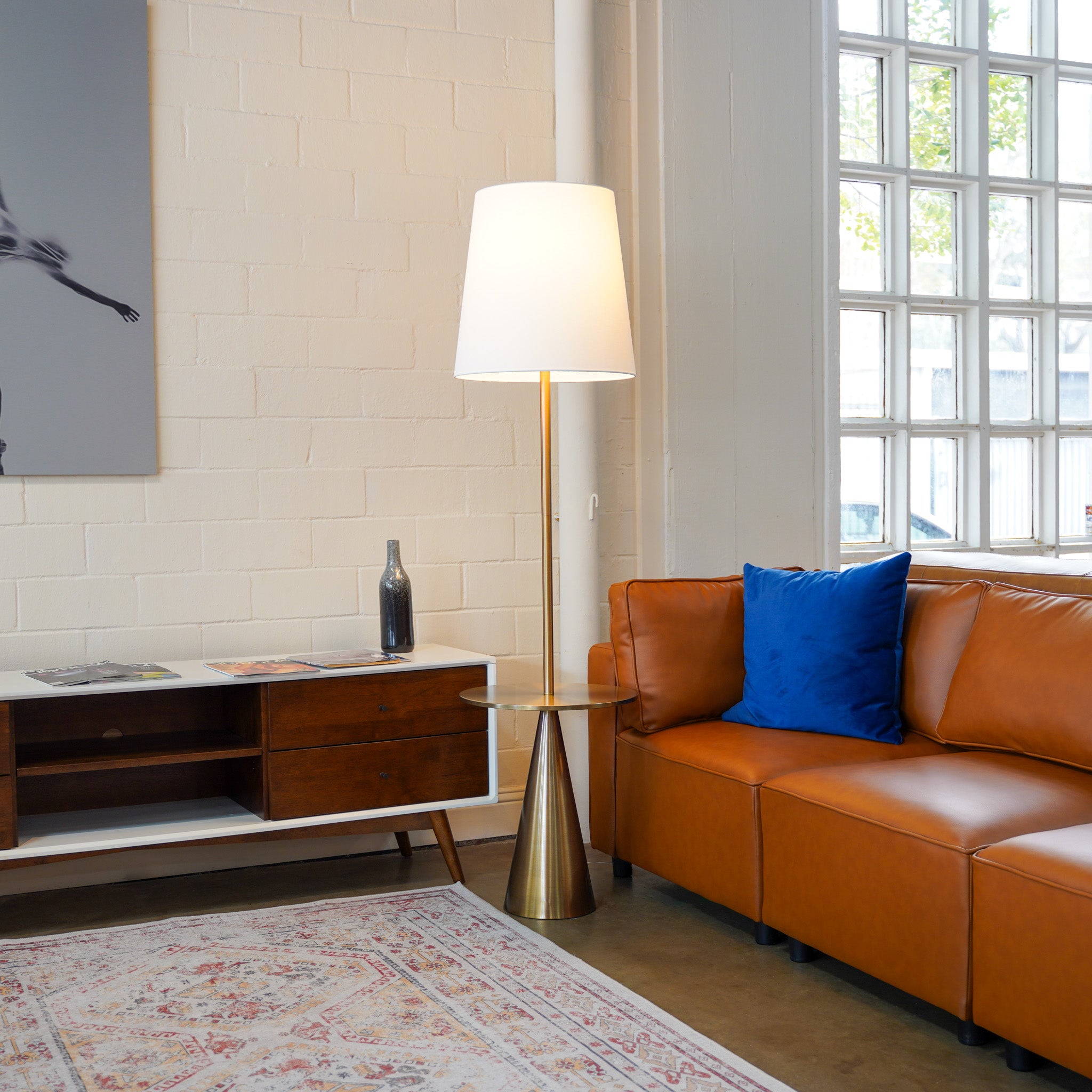 Celestial Modern Floor Lamp with Brass Accent Table with Large White Shade