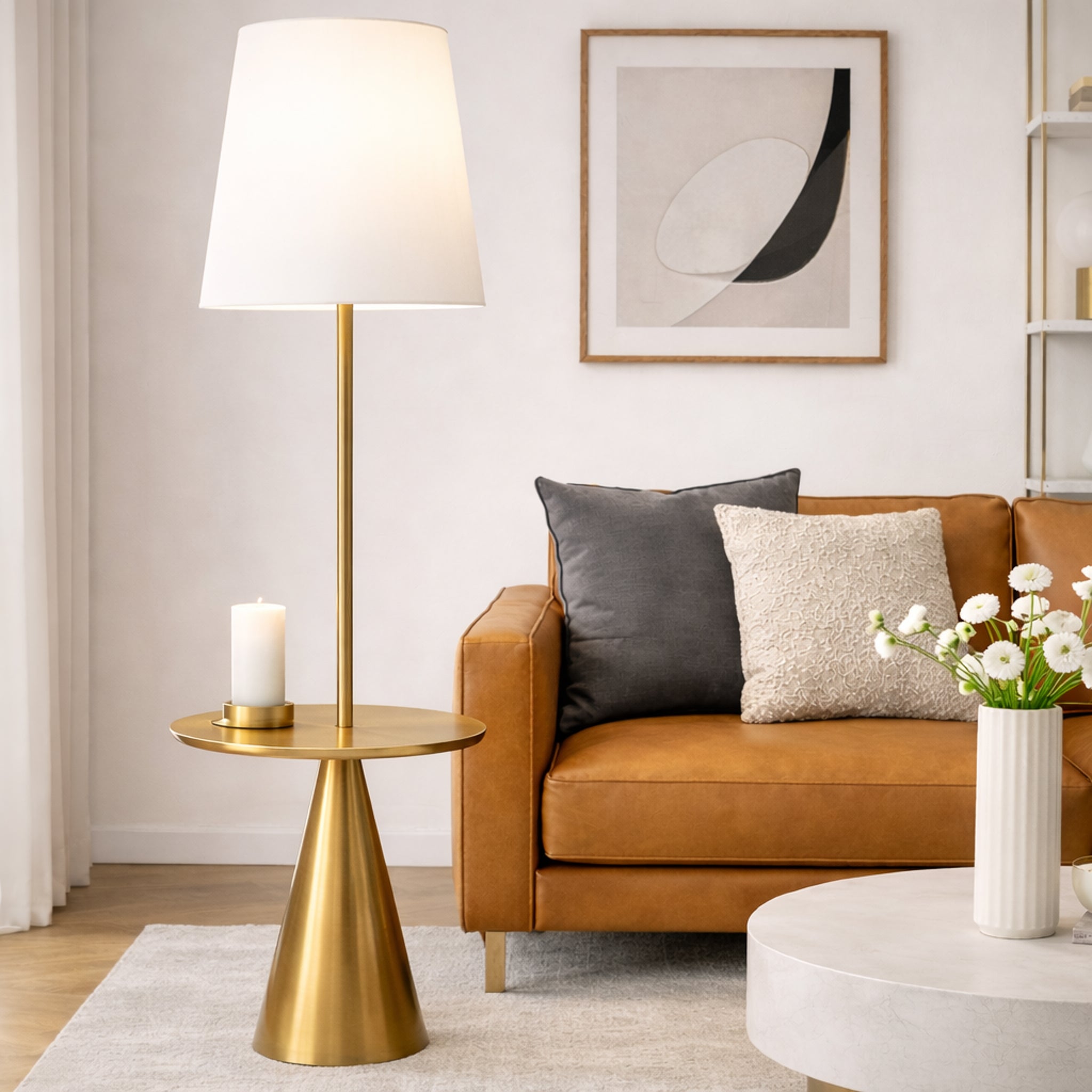 Celestial Modern Floor Lamp with Integrated Brass Accent Table and Large White Shade | MidinMod