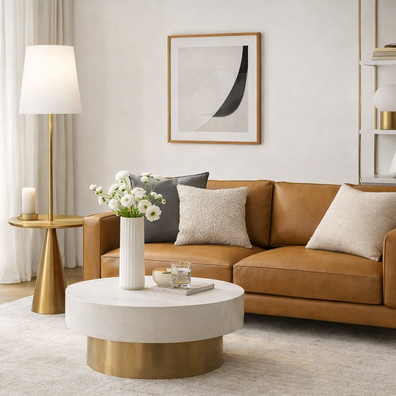 Celestial Modern Floor Lamp with Integrated Brass Accent Table and Large White Shade | MidinMod