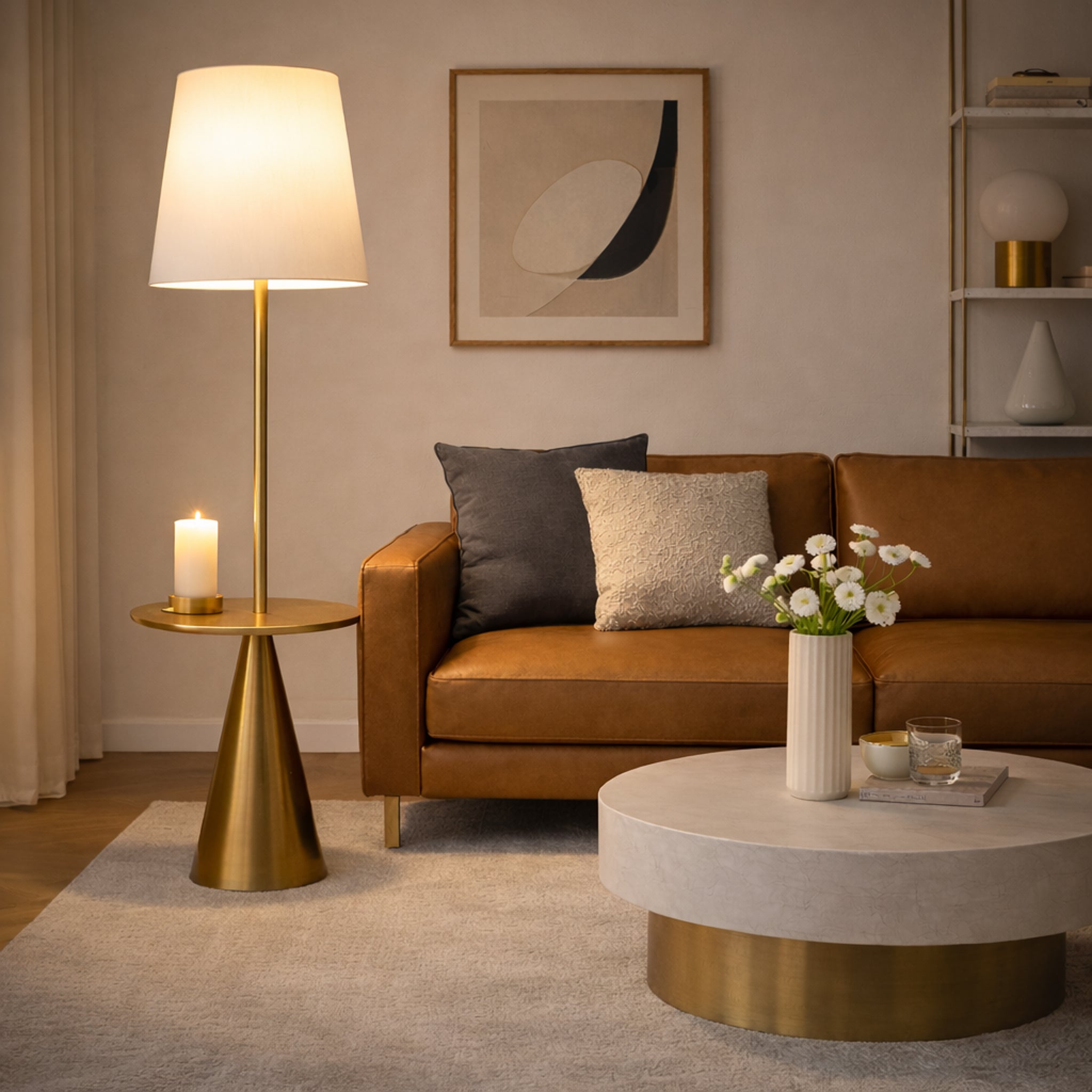 Celestial Modern Floor Lamp with Integrated Brass Accent Table and Large White Shade | MidinMod